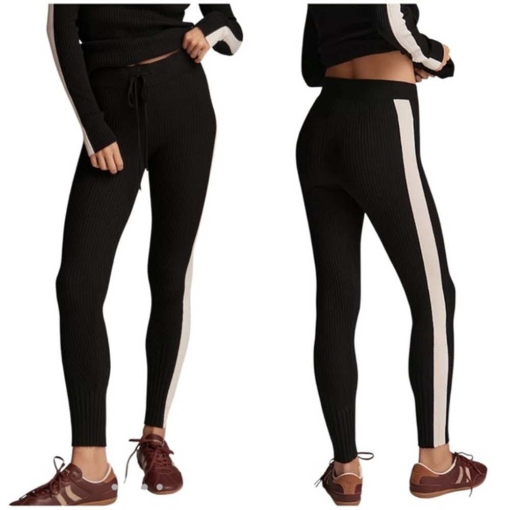 Varley Black White Panel Aiden Ribbed Knit Leggings